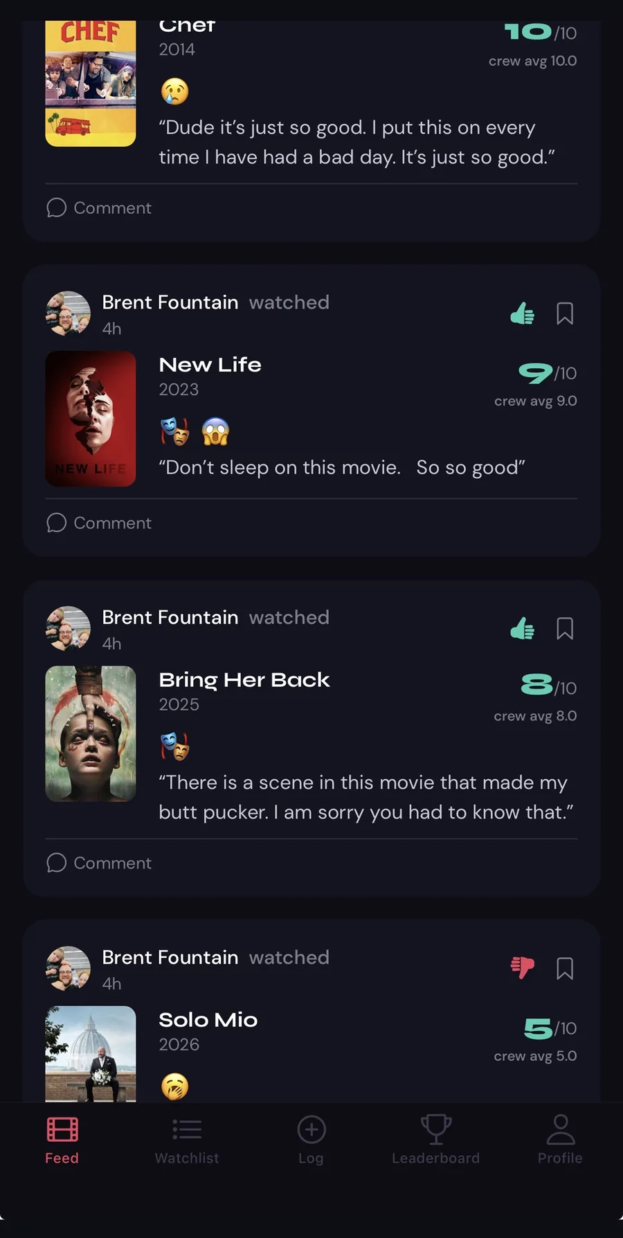 ReelCrew activity feed showing crew members' ratings, reactions, and quick takes on recently watched movies