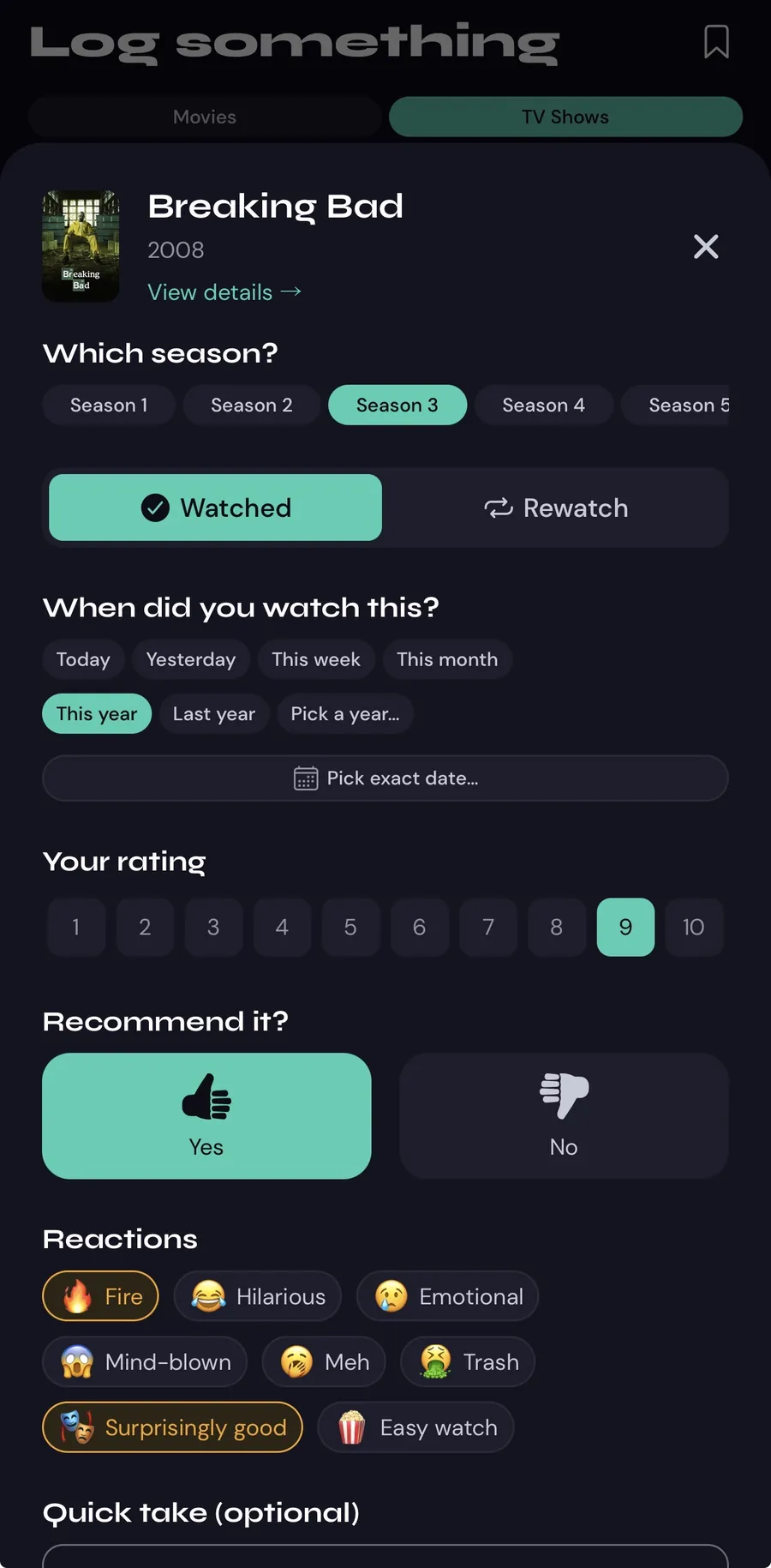 ReelCrew log screen with season picker, 1–10 rating, recommend toggle, and reaction chips