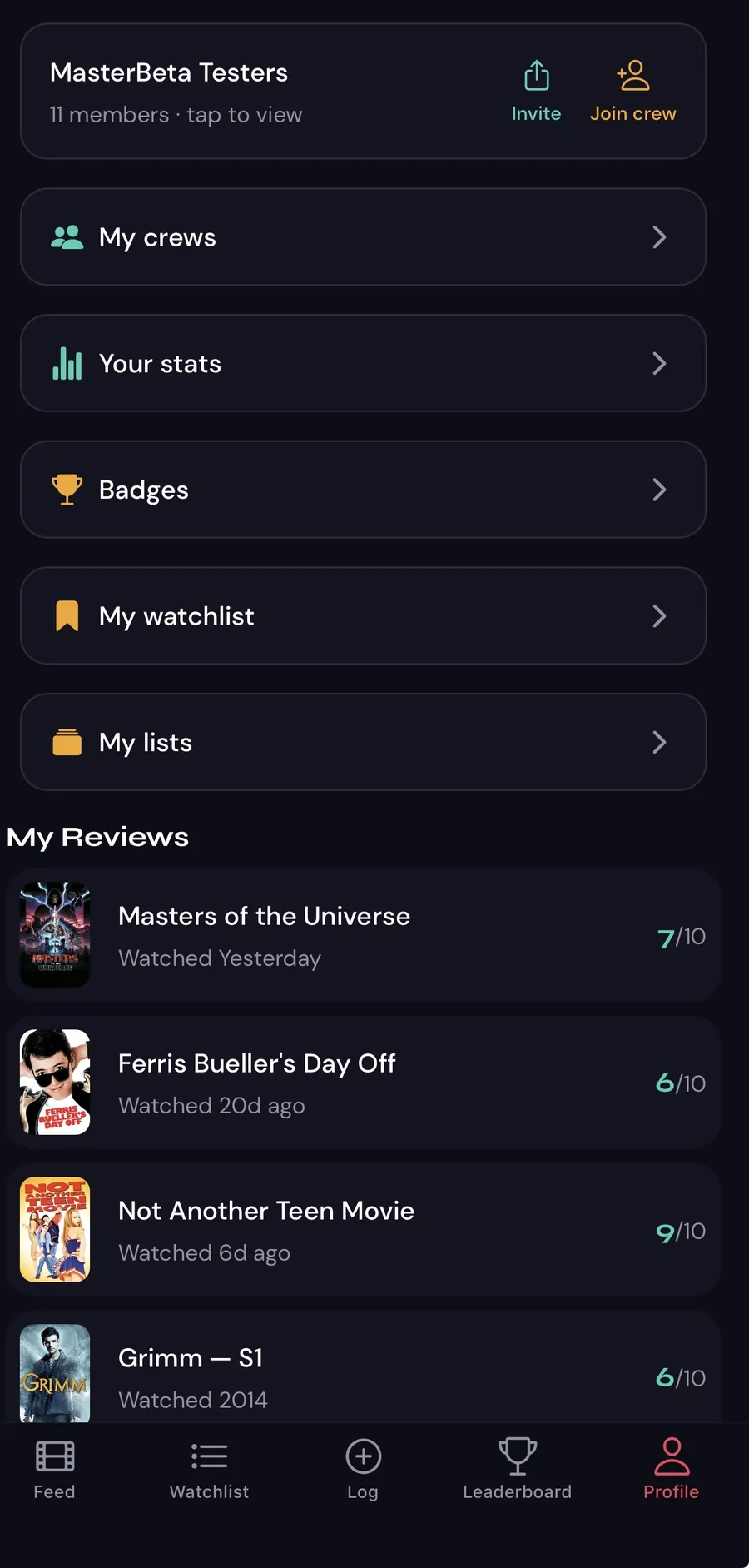 ReelCrew profile screen showing crews, stats, badges, watchlist, and recent reviews