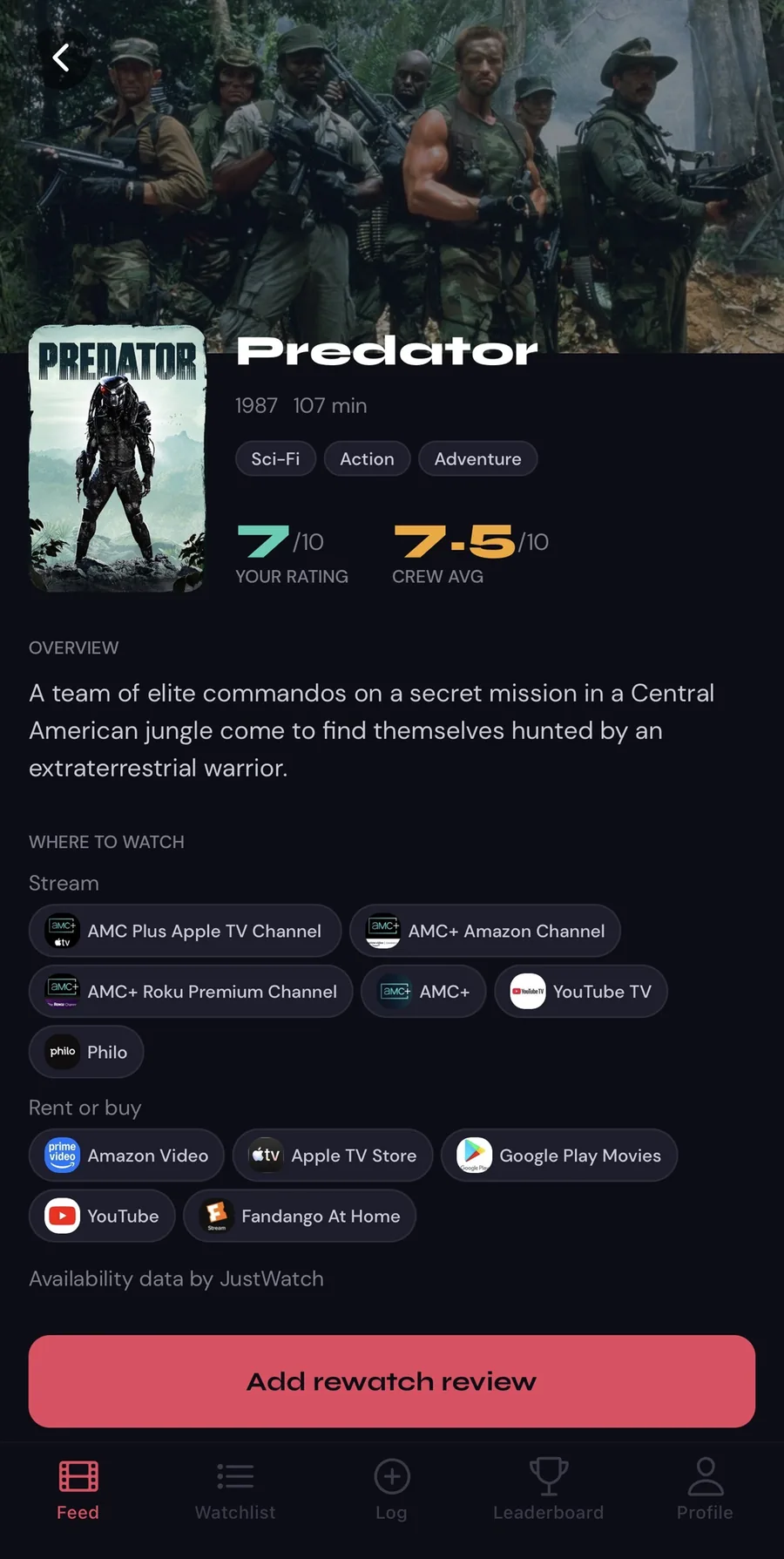 ReelCrew media detail screen listing streaming, rental, and purchase options for a movie
